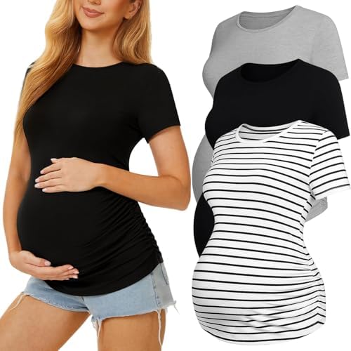 3 Pack Womens Maternity Shirts - Crew Neck Maternity Top Short Sl...