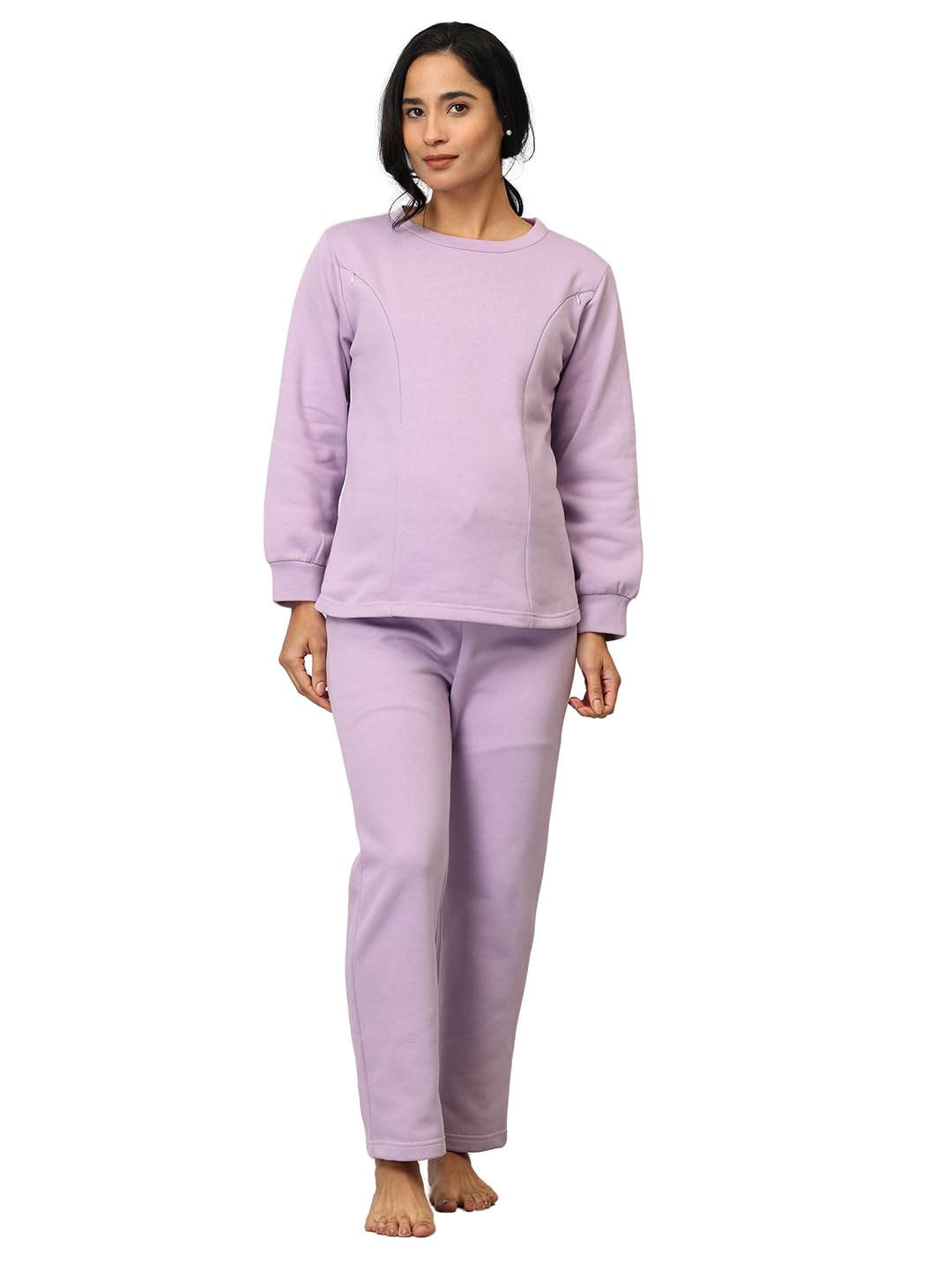 the mom store Maternity and Nursing Winter Pajama Loungewear Set | Cotton Terry | Nursing Zippers | Full Regular Fitted Sleeves | Sweatshirt and Pajama for New Mom | Round Neck | Lavender | XL-picture-11