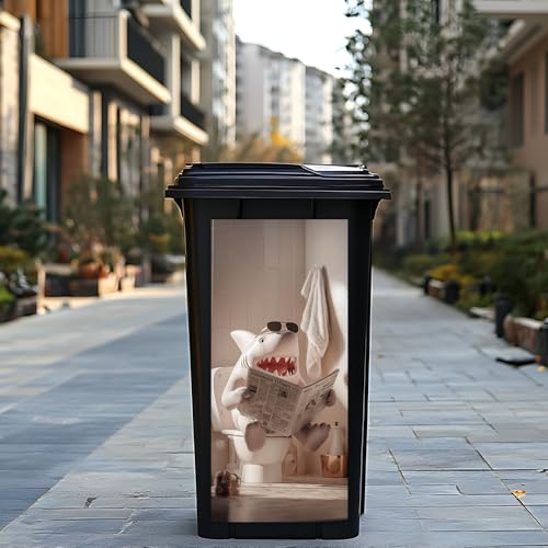 Image of 14.6x32.3 Inch Trash Can Cover Shark Cartoon Reading Newspaper Design Outdoor Garbage Bin Decoration Sticker Wrap