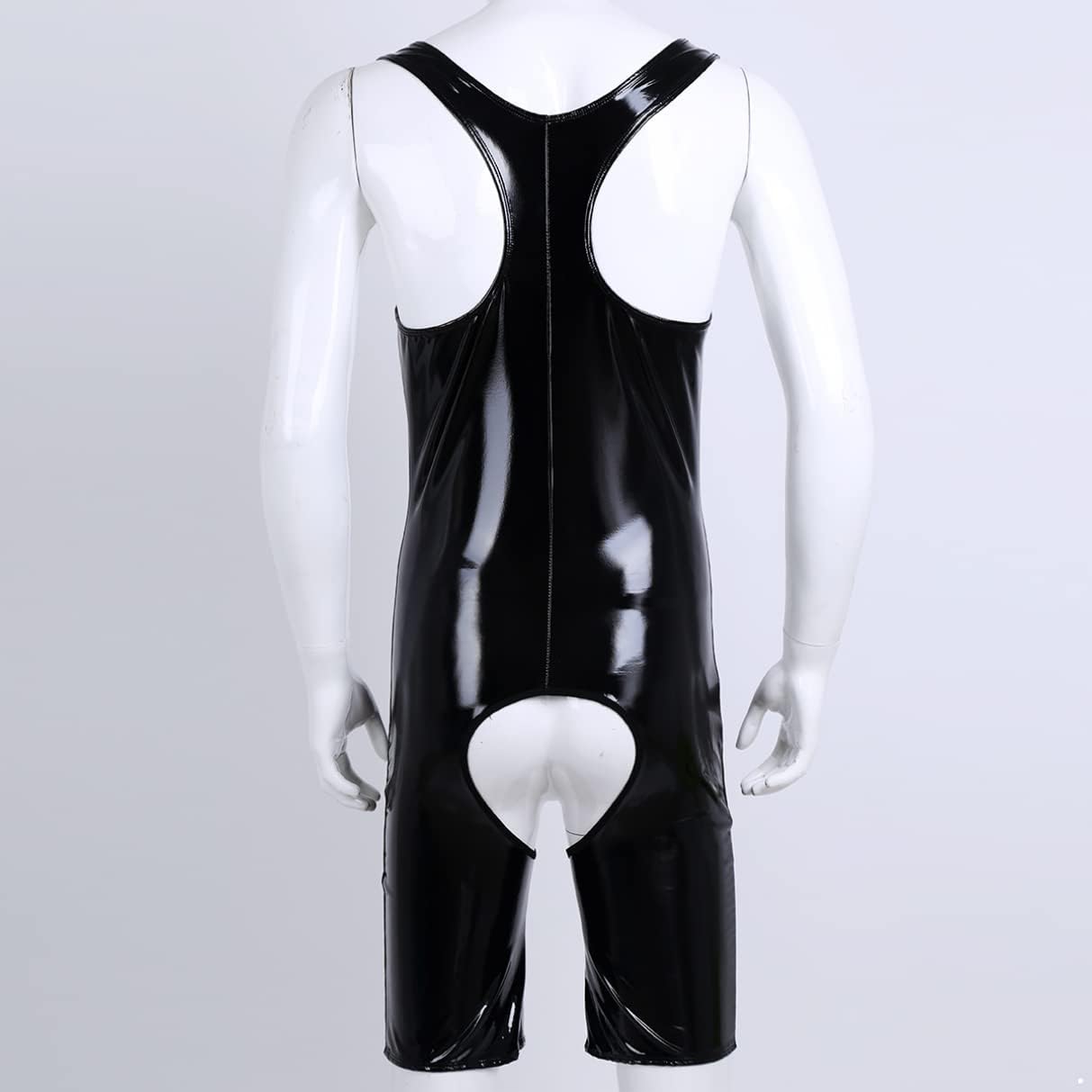 Jhaoyu Men's Faux Leather One Piece Bodysuit Sleeveless Front Zipper Leotard Boxer Shorts Jumpsuit Romper