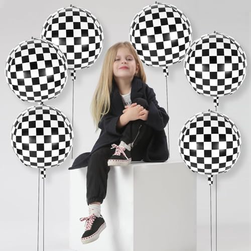 Image of 12 Pcs Checkered Balloons, 22 Inch Checkered Round Foil Balloons, Black and White Checkerboard Mylar Sphere Balloons for Race Car Birthday Party Decorations Supplies (12 Pcs)