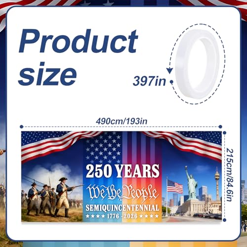 Image of 16x7 ft USA 250 Years History Garage Door Banner - inchWe the People inch Tribute with Soldier & Statue of Liberty Scene, Hanging Large Backdrop for Semiquincentennial Events & Patriotic Display