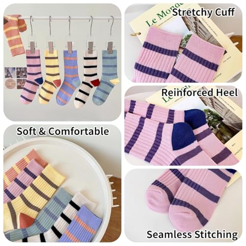 Image of 5 /10 Pairs Retro Style Colorful Striped Socks, Cute Athletic Crew socks for Women