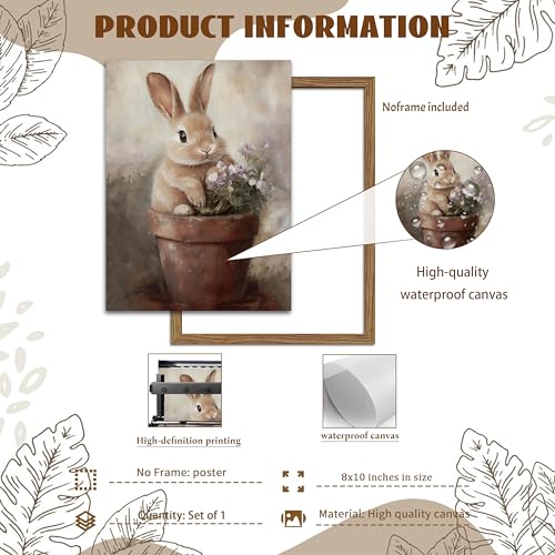 Image of AKWISH Vintage Easter Wall Art Poster, Cute Rabbit in Flower Pot Picture Prints, Cottage Farmhouse Bunny Canvas Artwork, Holiday Wall Decor for Kids Room Girls Bedroom Living Room 8x10 inch Unframed