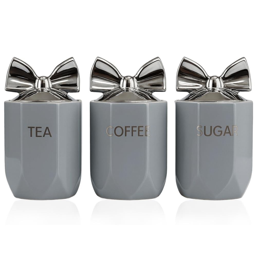 Bmlimited Grey Bml Ceramic Tea Coffee Sugar Canisters Set Airtight Kitchen Storage Jars Decorative Countertop Canister Set With Silver Bow Lids Ideal Housewarming Gift & New Home Kitchen Accessory