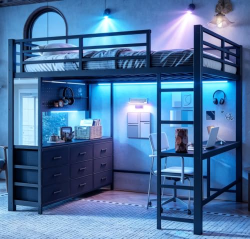 Image of Bellemave Metal Full Loft Bed Frame with Desk, Storage Drawers,USB,Mirror for Adults, Kids, Teens, Black