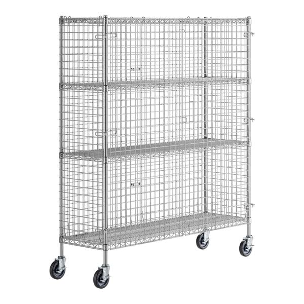 NSF Mobile Chrome Wire Security Cage Kit, Silver Steel, 18x60x69 Inches, 4 Shelves, Lockable Storage Unit with Casters