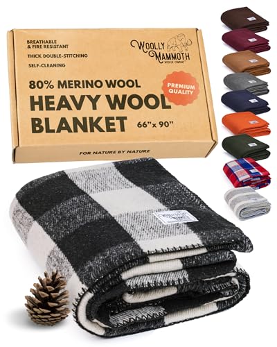 Woolly Mammoth Woolen Company Camping Wool Blanket - 66 in x 90 in Black & Cream Plaid - Heavyweight Merino Wool Outdoor Throw Blanket & Bedroll - Insulating Warm for Winter, Picnic & Travel