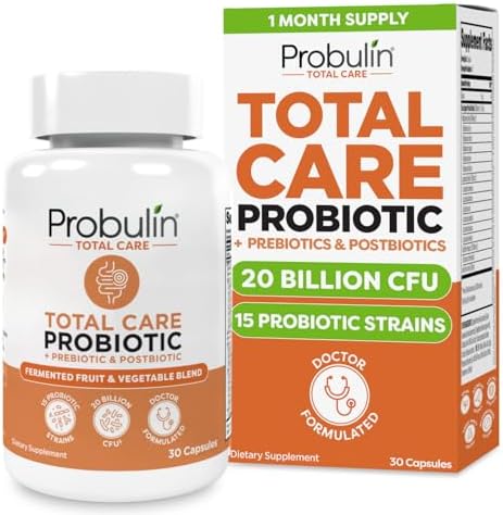 Probulin Total Care Probiotic Supplement, Daily Gut, Digestive, and Immune Health Probiotics Capsules for Men and Women, 20 Billion CFU, Vegan, 30 Count Bottle
