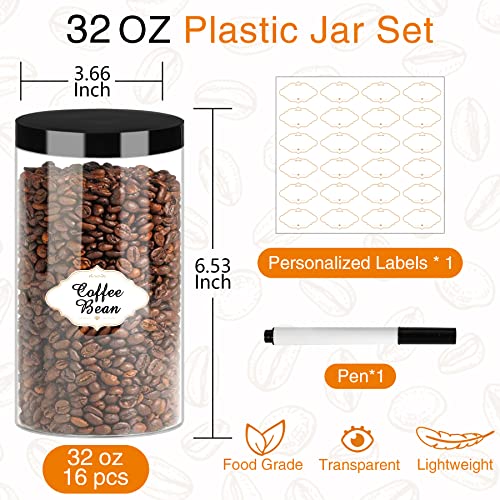 Peacepeo Plastic Jars With Lids, 16Pcs 32Oz Large Plastic Storage Jars With Black Leakproof Lids Cylinder Plastic Jars Container Reusable Clear Empty Jars For Home And Kitchen Organizing #TOP1