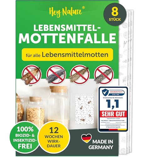 Hey Nature Lebensmittelmotten Falle, 8 Stück, Mottenfalle Lebensmittel, insektizidfreie Pheromonfalle mit maximaler Lockwirkung zur Befallsermittlung, Monitoringfalle gegen Lebensmittelmotten
