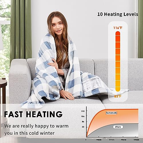 Homemate Electric Blanket Heated King Size - 100“x90“ Ultra Soft Cozy Flannel Heating Blanket with 10 Fast Heat Levels 8 Hours Auto Off Over-Heated Protection ETL Certification Keep Warm in Home