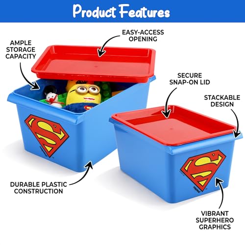 Image of Nayasa Stack N Store Superman, Small, 5 ltrs | DC Superhero Print Plastic Storage Boxes Set of 3 with Lid | Side Handles | Stackable Multipurpose Organizers | Strong & Durable | Blue