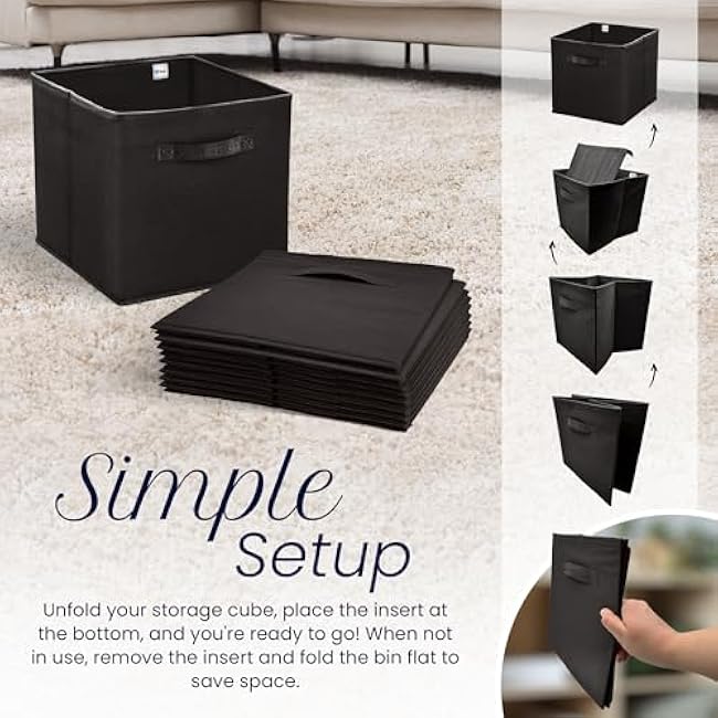 Reli. 11 Inch Cube Storage Bins (4 Pack) | Cube Organizer Bins | 11x11 Fabric Storage Boxes | Collapsible, Foldable Fabric Cubby Box (Square) | Kids Room Organization (Black)