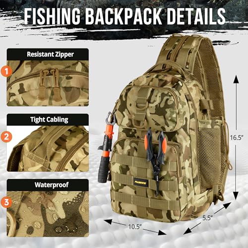 PLUSINNO Khaki Fishing Backpack with Tackle Boxes, Waterproof Sling Tackle Bag For Fishing Gear With Rod Holder, Gifts for Men With lures, pliers, Fish Lip Gripper.