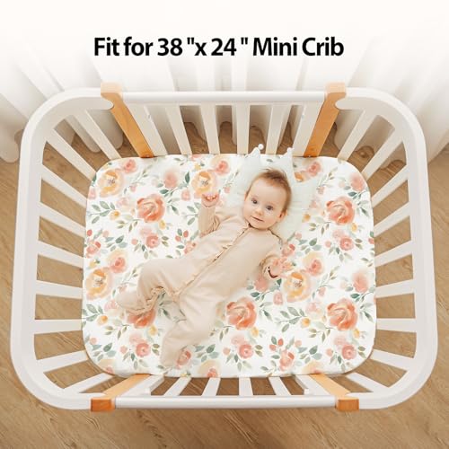 Image of Baby Mini Crib Sheets Girl, Portable 38 inchx26 inch Pack and Play Sheets Fitted for Playard and Pack N Play Mattress, 3-Pack Soft Microfiber Orange Watercolor Flower