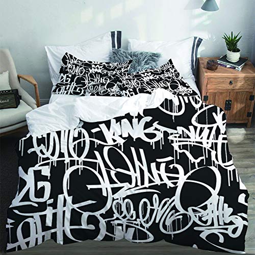 PANILUR Parure de lit,Graffiti Street Art Hip hop Tags - modèle sans Couture de Vecteur Noir et Blanc,Housse de Couette et taies d'oreiller Microfibre avec Fermeture éclair 240x260cm Cover