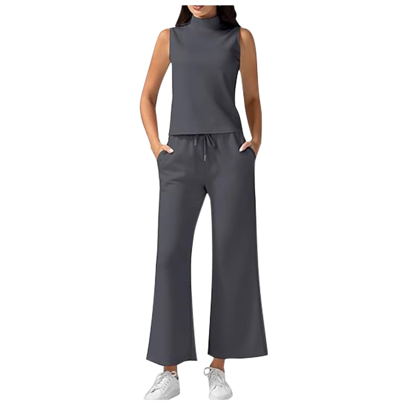 Generic Conjunto de verano de 2 piezas para mujer, cuello alto, camiseta sin mangas, pantalones cortos de pierna ancha, conjuntos 2024, chándal de moda, mono elegante