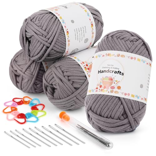 Aeelike 200g Dunkelgrau Dicke Wolle mit Häkelzubehör, Häkelgarn für Anfänger, Kein Geteiltes Häkeln Garn, Strickgarn zum Häkeln mit gut Sichtbare Maschen, Baumwollgarn zum Stricken und Handstricken