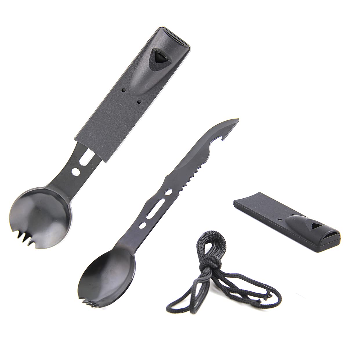 Multifunctional Camping Spoon Fork Knife with Bottle Opener and Whistle, Outdoor Camping Portable 7 in 1 Multifunctional Knife Fork and Spoon combination
