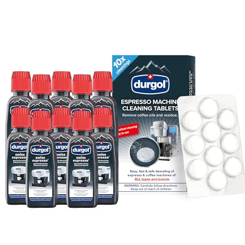 Durgol Swiss Espresso, Descaler and Decalcifier for Espresso Machines and Coffee Makers, 4.2 Fluid Ounces (Pack of 10) Espresso Machine and Coffee Maker Cleaning Tablets, 10 count
