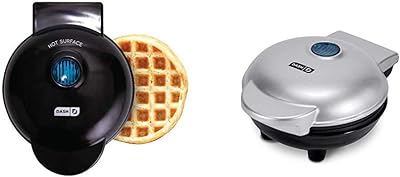 Dash DMW001BK Machine, 4 inch, Black & DMS001SL Mini Maker Electric Round Griddle, with Indicator Light + Included Recipe Book, Silver