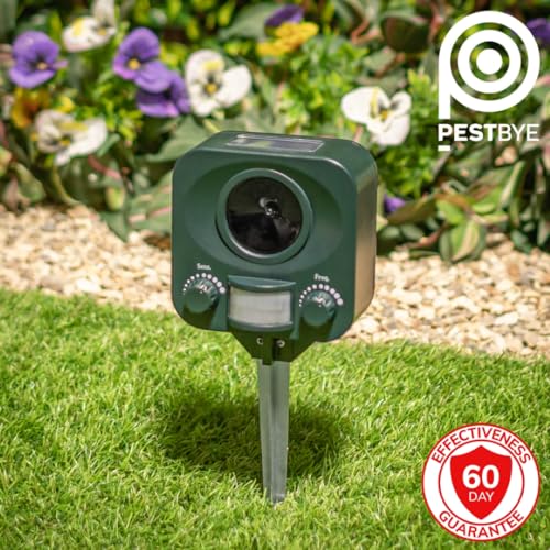 Pestbye® Waterproof Cat Repellent - Solar Powered - Quick Fix Ultrasonic Repeller Cat Scarer with Ground Stake - 2