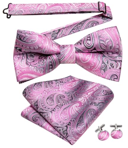 Image of Dubulle Mens Paisley Striped Bowtie Set Pre-tied Bowtie for Men and Pocket Square Set Wedding Business