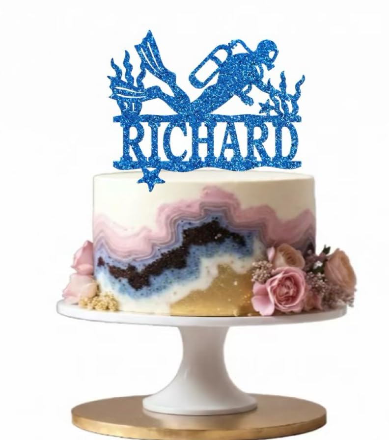 Welshcrafter Design - Custom Male Scuba Diver Cake Topper Glitter. Man Boy Diving Decoration. Underwater Birthday Pick. Ocean Party Accent. Over 30 Glittery Colours Available