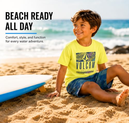 Image of Volcom Baby Boys Swim Set - 2 Piece Short Sleeve Swim Shirt Graphic Tees & Board Shorts - Infant Toddler Little Boys Swimsuit