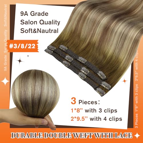 Image of Full Shine Human Hair Extensions Clip In Ash Brown Ombre Blonde 17 Inch 60g | 3 Pcs, Lightweight Fill Ins for Thin Hair, Lace Weft, Heat Styling Friendly, Shoulder-Length Hair Blending, Secure Hold