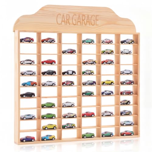Seenelling Wooden Display Case for Hot Diecast Wheels, Wall Mount, 1/64 Scale, Toy Car Storage Display Shelf, Model Car Storage Organizer, Cabinet for Model Collectible(Wood Color,60 Spaces)