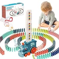 Domino Zug Spielzeug Set für Kinder, 100 Stück Automatische Domino Verlegung Zug, Elektrischer Zug mit Ton, Kinder Bausteine Stapelung Spiel Spielzeug für ab 3 Jahren Jungen und Mädchen (Zyan)