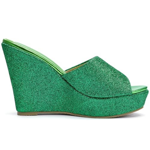 Allegra K Allegra K Women's Glitter Platform Slip on Wedge Heels Green Sandals 6.5 m US