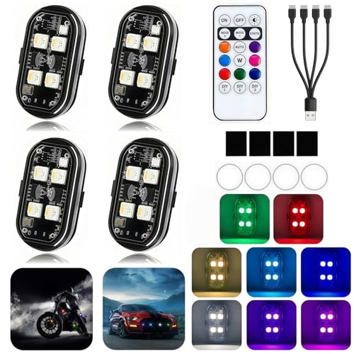 Upgraded 4LEDs 4PCS Wireless LED Strobe Lights with Remote Control, 8 Colors & 10 Modes Type-C Rechargeable IP65 Waterproof,Anti-Collision Warning Lights for Car Motorcycle Bike Drone Aircraft