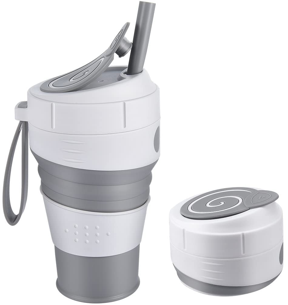 Collapsible Coffee Cup with Straw and Coaster, Leak-Proof Lid Eco Pocket Size Mug Convenient & Reusable 450mL, Travel Mug Insulated Thermal Camping Mugs Keep Cup for Travel, Camping, Hiking & Picnic