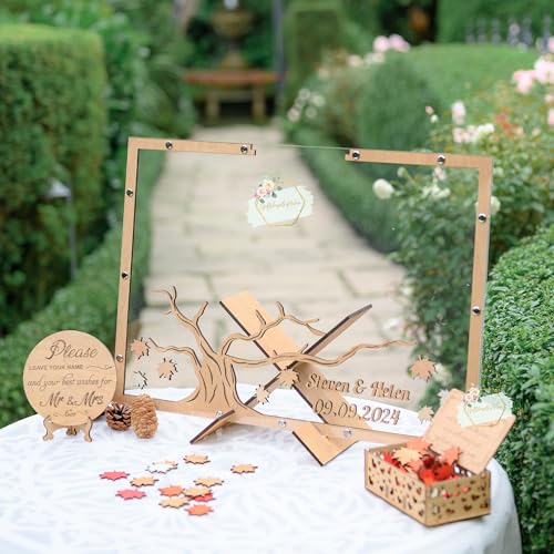 Image of Personalized Maple Tree Wedding Guest Book Alternative, Fall Leaf Drop Box | Rustic fall wedding decor; guests sign leaves to drop in wooden frame; personalized keepsake tree guest book alternative