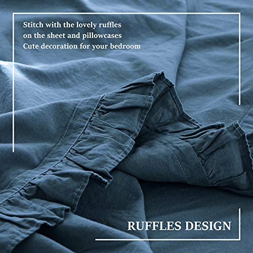 Simple&Opulence Belgian Linen Sheet Set with Ruffles - Queen Size - 4 Pieces (1 Flat Sheet & 1 Fitted Sheet & 2 Pillowcases) Natural Flax Cotton Blend Soft Bedding Breathable Farmhouse - Navy Blue - Thumbnail 3