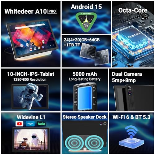 2026 Verbessertes Tablet, Android 15 Tablet 10 Zoll mit Bluetooth-Lautsprecher-Dock, 24 GB RAM+64 GB ROM+1 TB TF, Octa-Core Tablet , Dual-Kamera, Langlebiger Akku, 1280*800, Wi-Fi 6&BT 5.3(Schwarz)