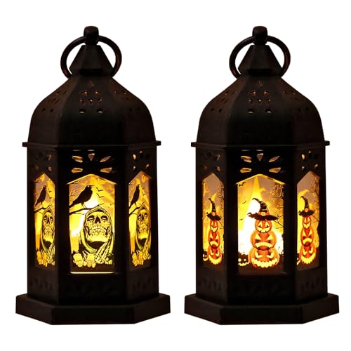 ALIBBON Lot de 2 lanternes d'Halloween vintage de 12,7 cm - Lanterne décorative à suspendre - Lanterne tête de mort - Lanterne citrouille noire - Décorations d'Halloween pour la maison, l'intérieur et