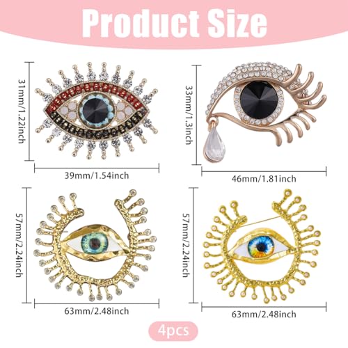 Image of 4Pcs Evil Eye Brooch Pin Crystal Rhinestones Brooch Vintage Lapel Pin Elegant Jewelry Pins for Women