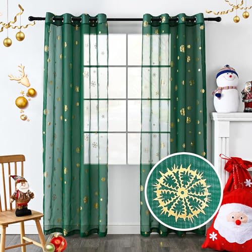 youleyar Snowflake Christmas Sheer Curtains, Luxury Gold Foil Print Voile Sheer Curtains, Metallic Bronzing Treatment Pair for Holiday Window Decoration, Living Room, Set of 2 Panels Green 52x96 inch by youleyar - Used condition - US$7.48