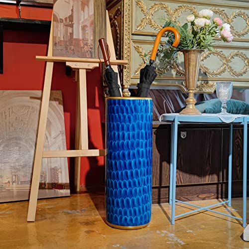 Landchy Luxurious Umbrella Stand Holder Umbrella Bucket Umbrella Rack Barrel Hand-Painted Feather Theme Porcelain Ceramic Floor Vase Entryway Porch Indoor 24" High Peacock Blue #TOP6