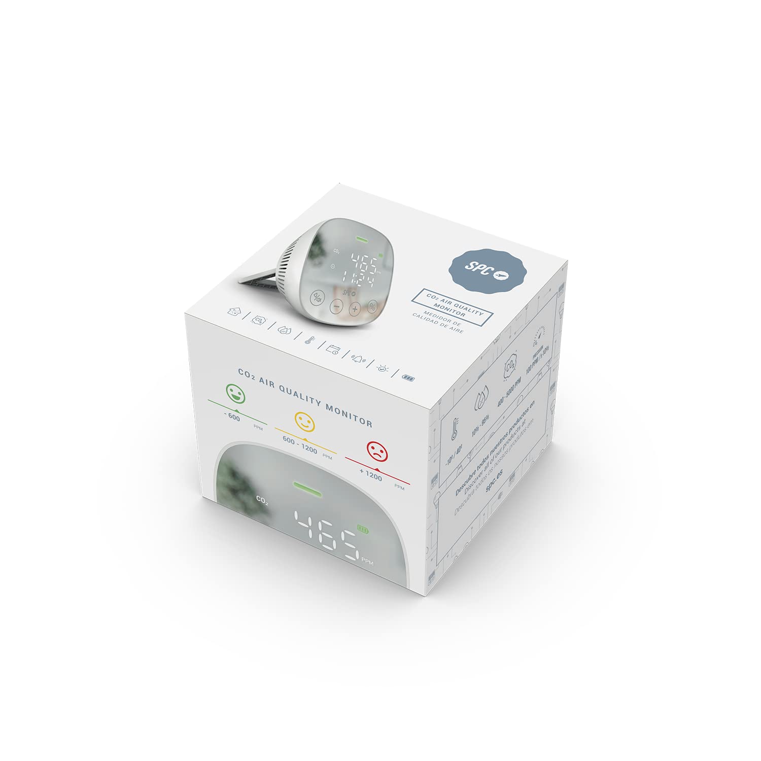 SPC CO2 AIR QUALITY MONITOR - Medidor de CO2, mide la calidad del aire, temperatura y humedad, gran batería y autonomía de hasta 10 horas, Blanco