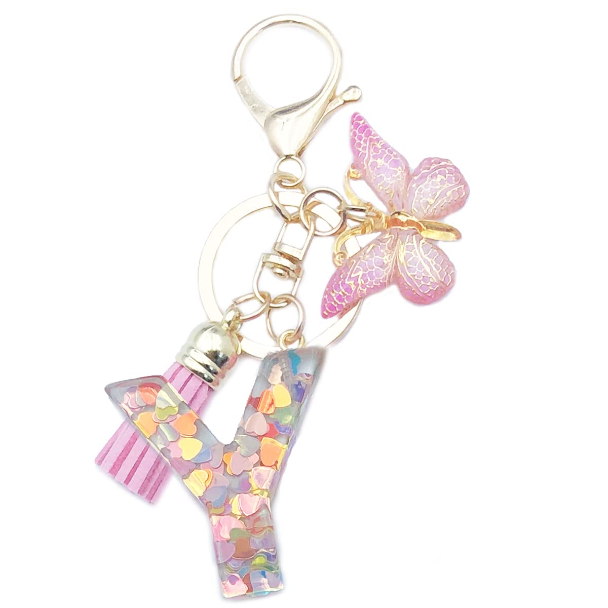 Xsclpomddy Frauen Alphabet Buchstaben Schlüsselanhänger Niedlich Schlüsselanhänger Glitzer mit Schmetterling Quasten Harz Rosa.Keychain für Tasche Charme