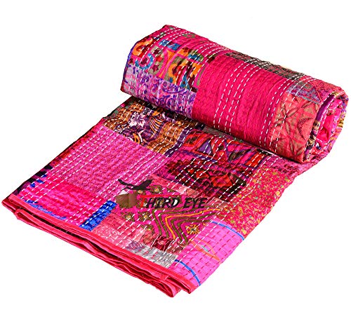 Third Eye Export Indian Queen Size Patchwork Silk Kantha Quilt 90X108 Inch Bedcover Silk Patola Quilt Throw Blanket (Pink) #TOP2