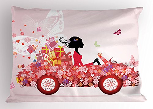 Ambesonne Cars Pillow Sham, Girl on a Car with Floral Present Boxes Butterflies Daisies Little Hearts, Decorative Standard King Size Printed Pillowcase, 36