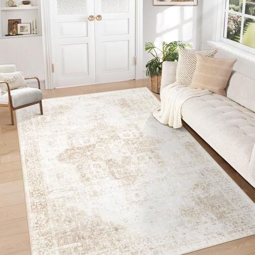 Area Rug 5x7 Washable Rug Vintage Boho Medallion Rug Non-Slip Soft Low Pile Large Distressed Rug Stain Resistant Indoor Retro Carpet for Living Room Bedroom Kitchen Dining Table Home Office