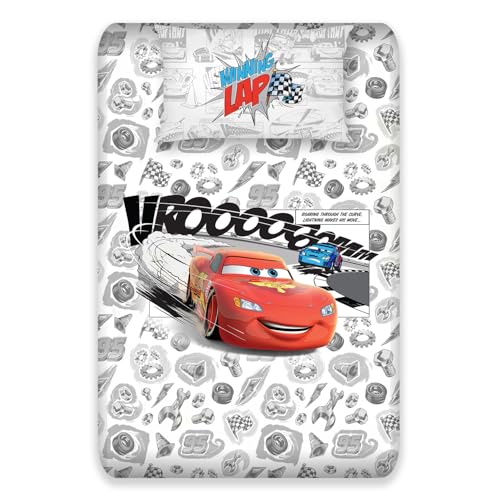 Image of Sassoon Disney Pixar Cars (Lap) Digital Printed, Cotton Single Bedsheet, 300 TC, 1 Pillow Cover, Fade Resistant, Bedsheet for Kid's Bedroom, (1.50m X 2.35m)