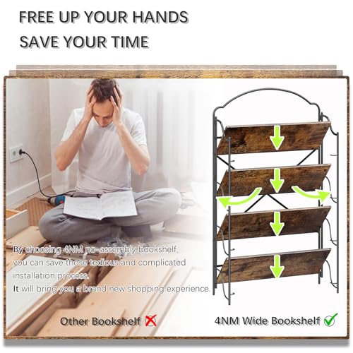 Image of 4NM No Assembly Folding Bookshelf for Living Room, 4 Tiers Collapsible Book Shelves Open Industrial Foldable Bookcase Storage Shelf for Home Office - Rustic Brown Black